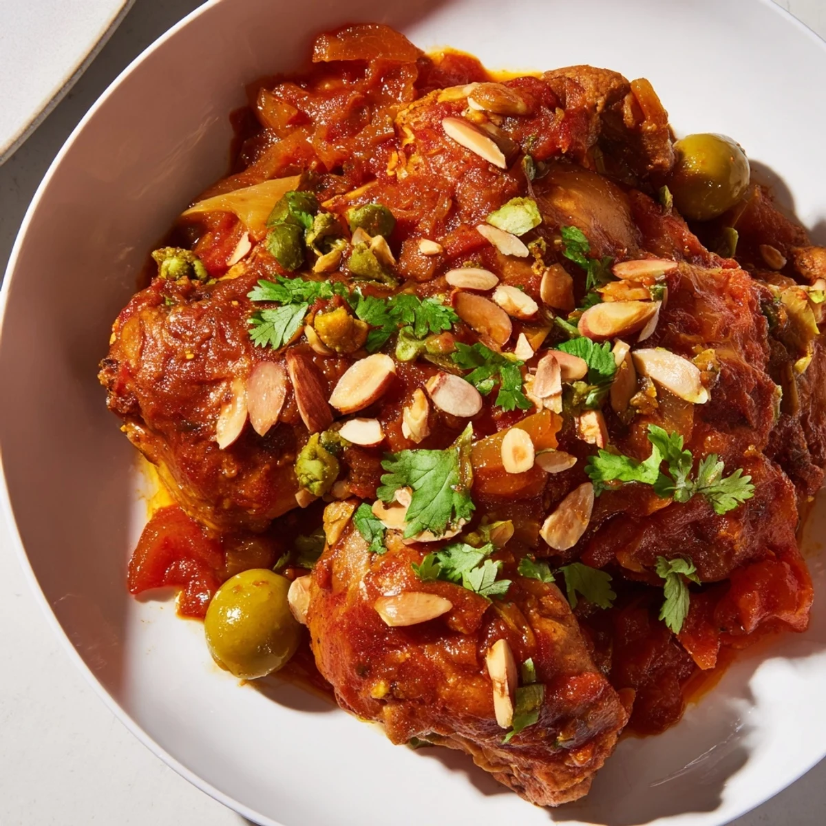 Close-up of a bubbling pot of Moroccan Tagine Chicken, richly colored with carrots and herbs, inviting you in.