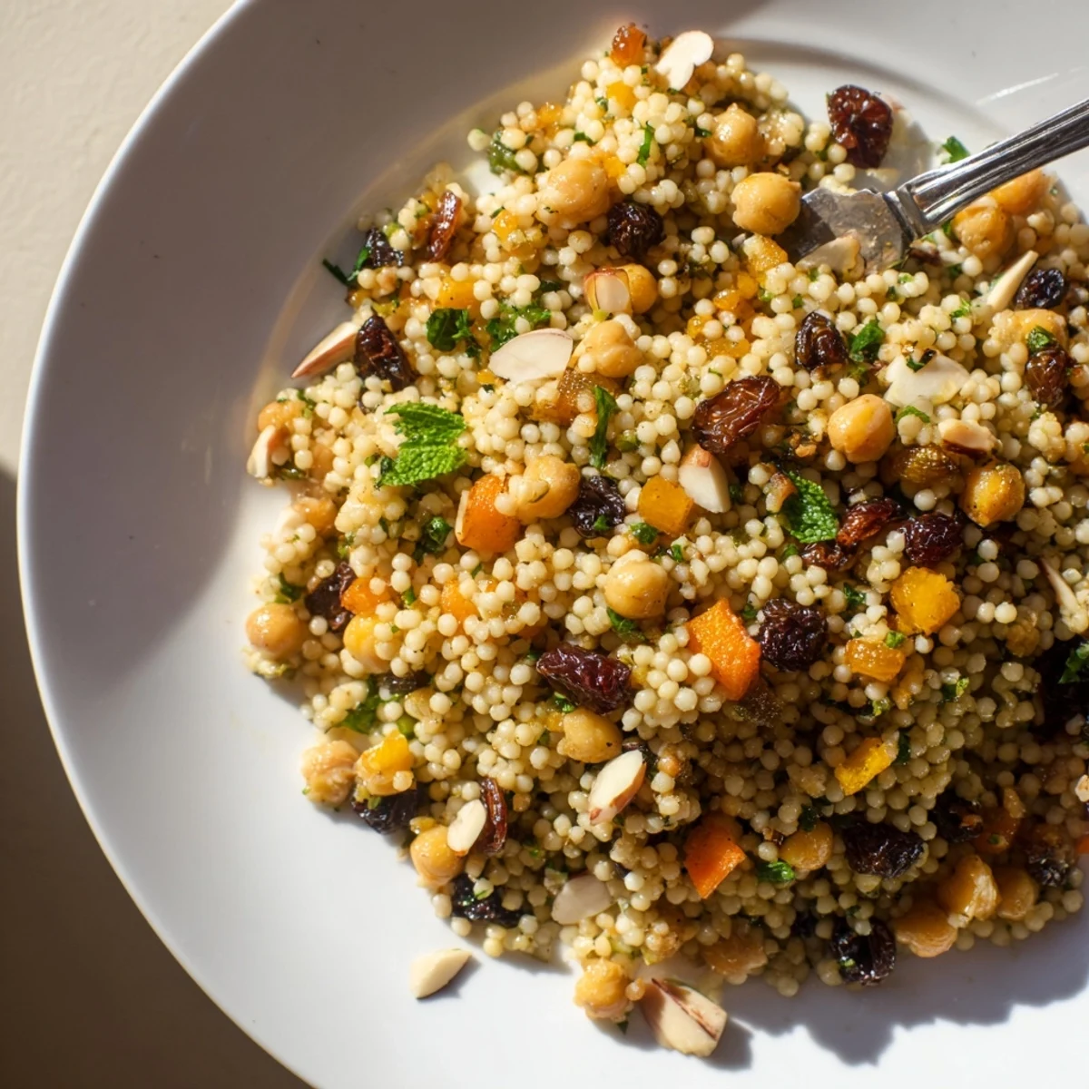 Fluffy Moroccan Couscous Salad with colorful roasted vegetables and fresh herbs, ready to serve.