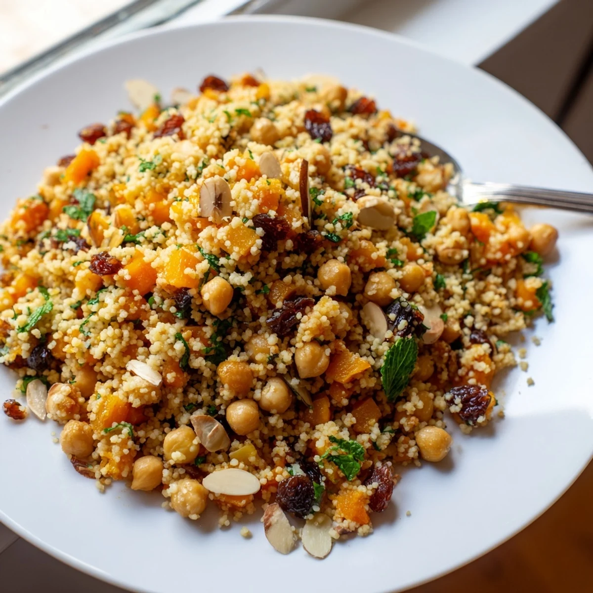 A bright, refreshing bowl of Moroccan Couscous Salad, perfect as a side dish or light lunch.