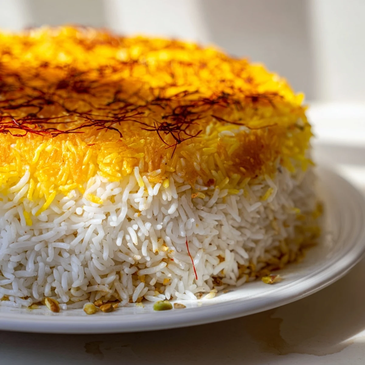 Golden and crispy Persian Tahdig rice with a caramelized rice crust, ready to be served.
