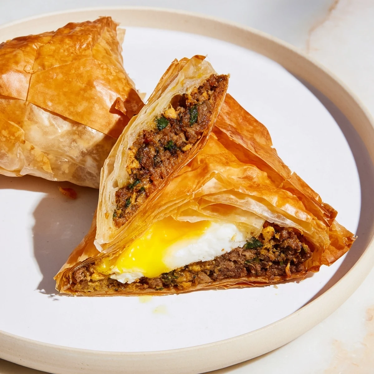Golden, crispy Tunisian Brik pastry with a runny egg center and savory meat filling, a delightful appetizer.
