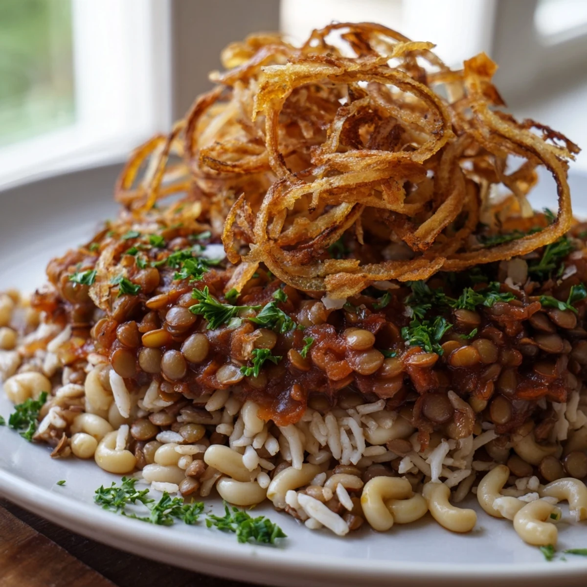 Golden, crispy onions crown a bowl of Egyptian Koshari, a flavorful vegan street food.