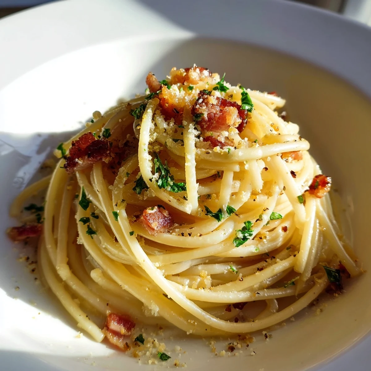 Steaming linguine noodles tossed with crispy diced bacon and melted Parmesan, ready to serve.