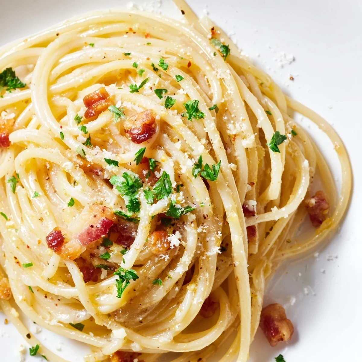 Plated Crispy Bacon Linguine with golden bacon bits and a glossy, silky garlic sauce.