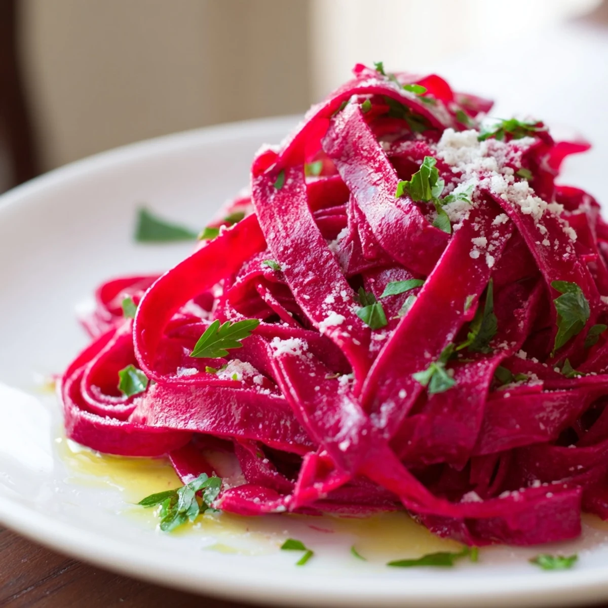 Freshly cut beet noodle pasta with a vibrant magenta hue, resting on a floured surface, ready to be cooked.