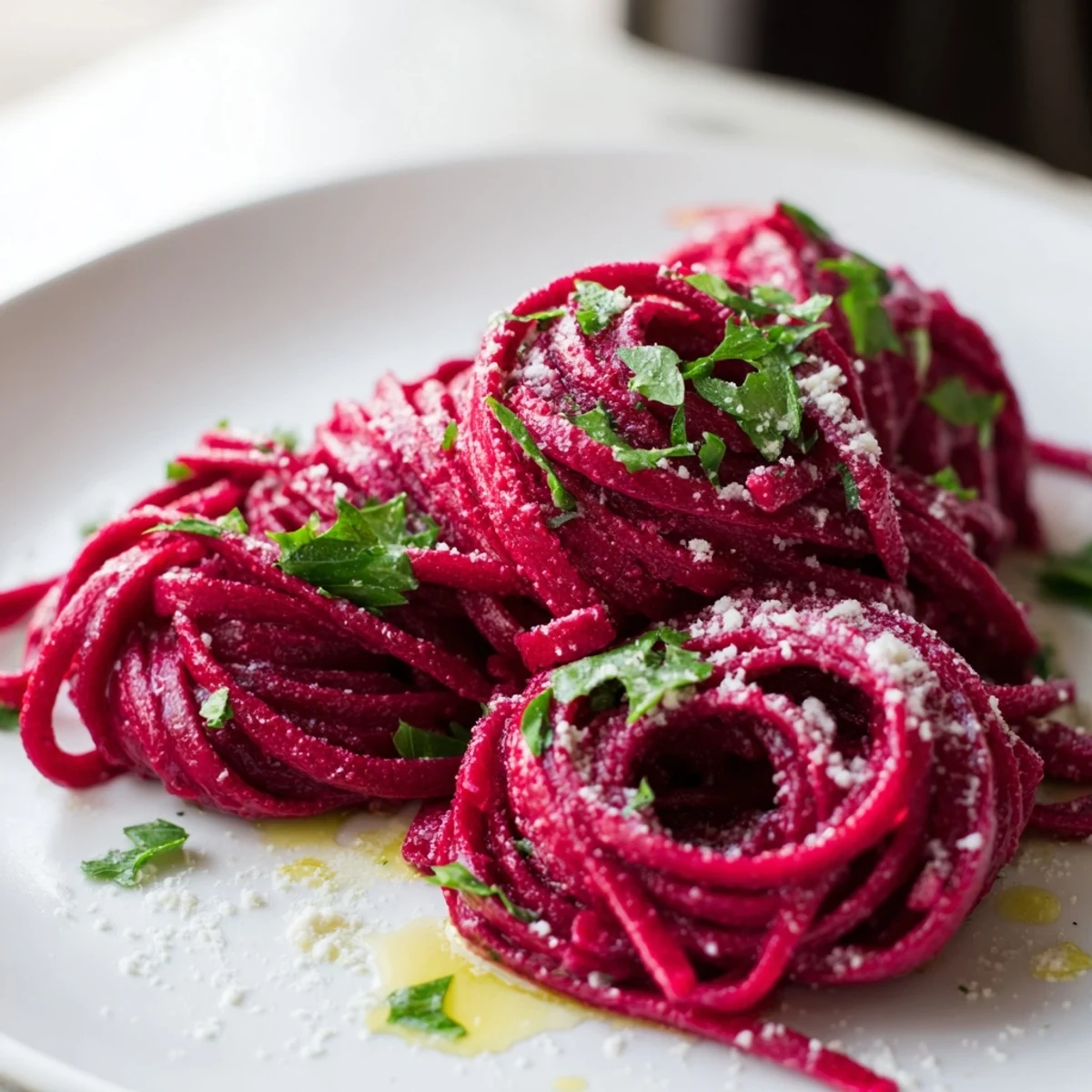 Tender roasted beet noodles tossed with olive oil, fresh basil, and shaved Parmesan on a rustic white plate.