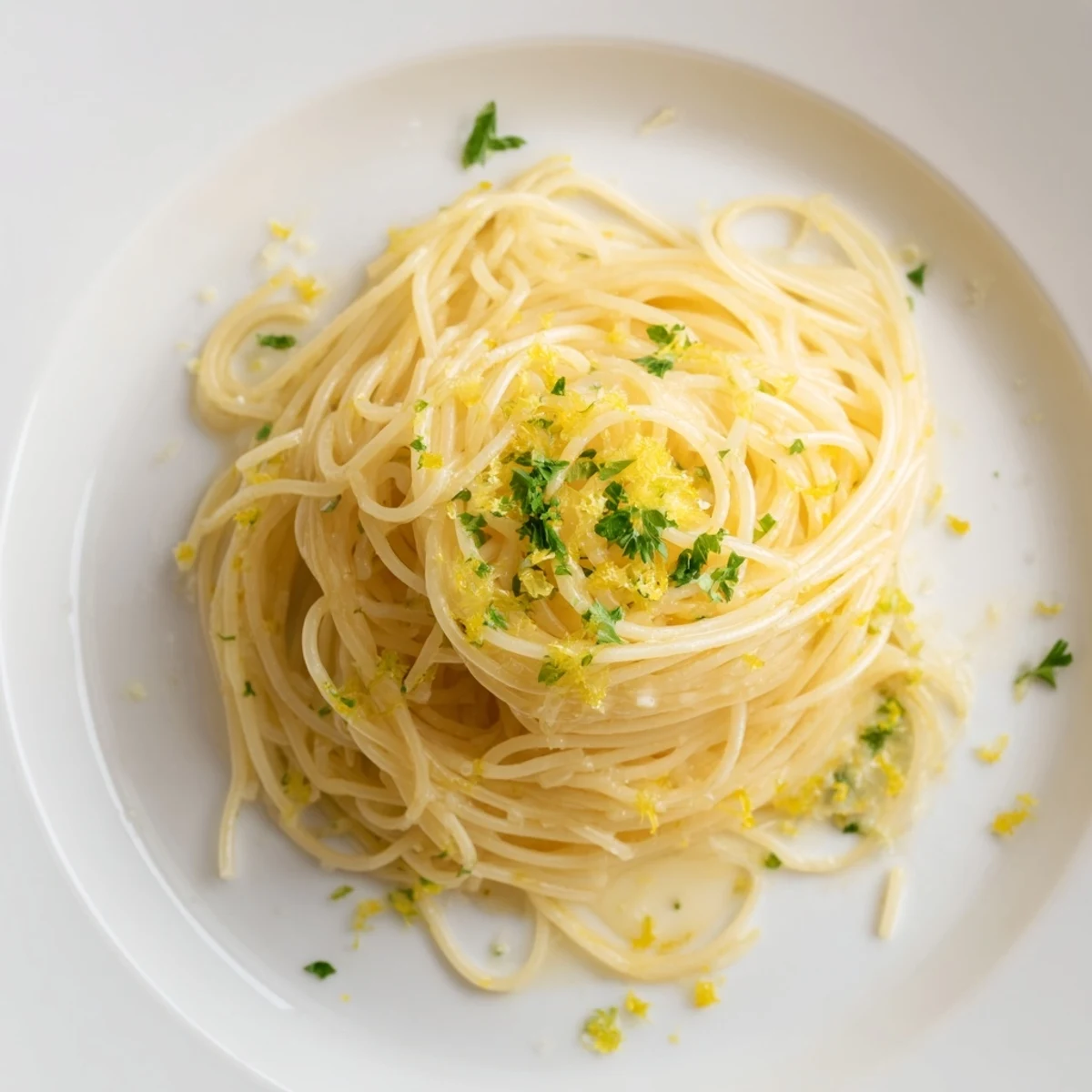 A close-up of Lemon Butter Pasta Light twirled on a fork, showcasing its silky, buttery texture.