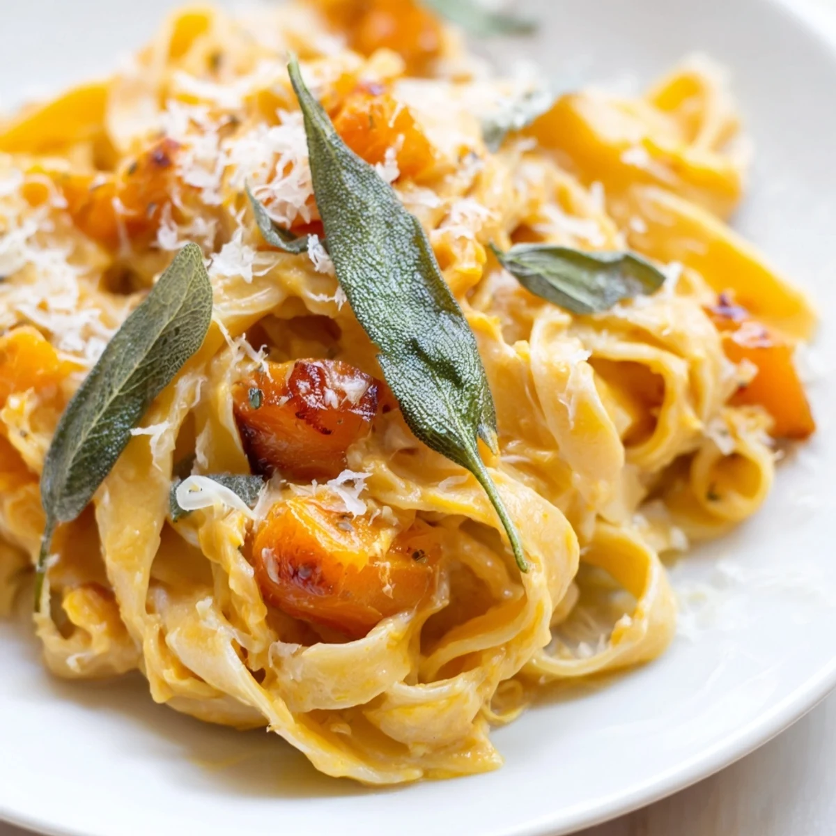 Creamy butternut squash pasta tossed in velvety roasted squash sauce, garnished with fresh parsley.