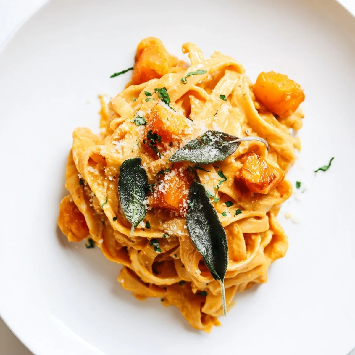 Warm butternut squash pasta served in a bowl with rustic spoon and napkin.