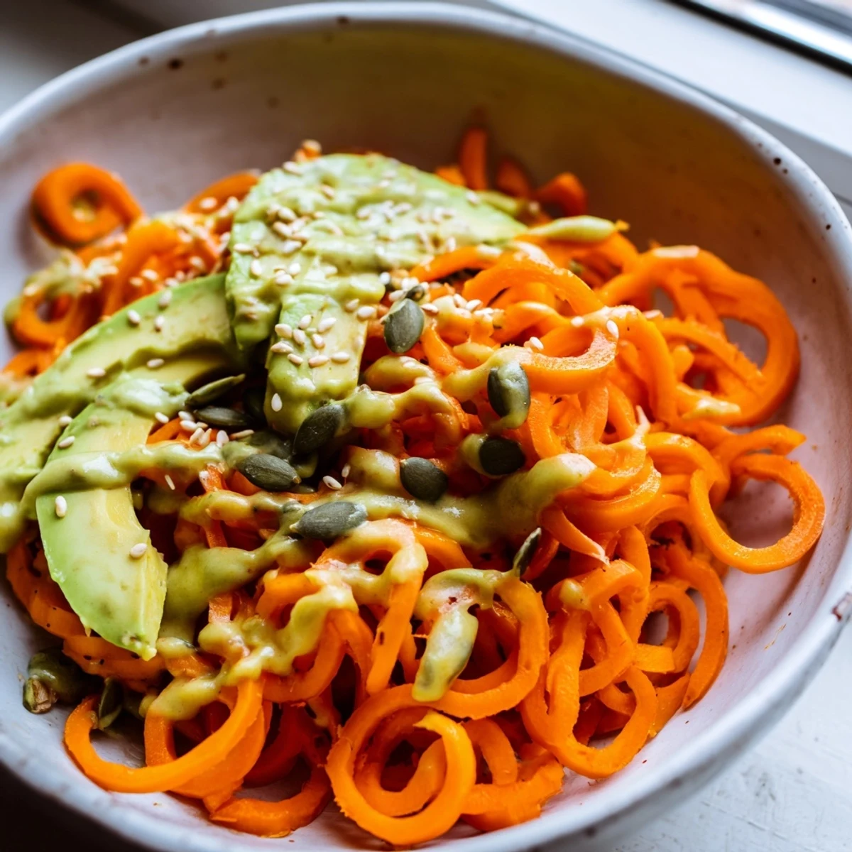 Creamy tahini-lime dressing drizzled over vibrant spiralized carrot noodles, crisp veggies, and sliced avocado in a beautiful bowl.
