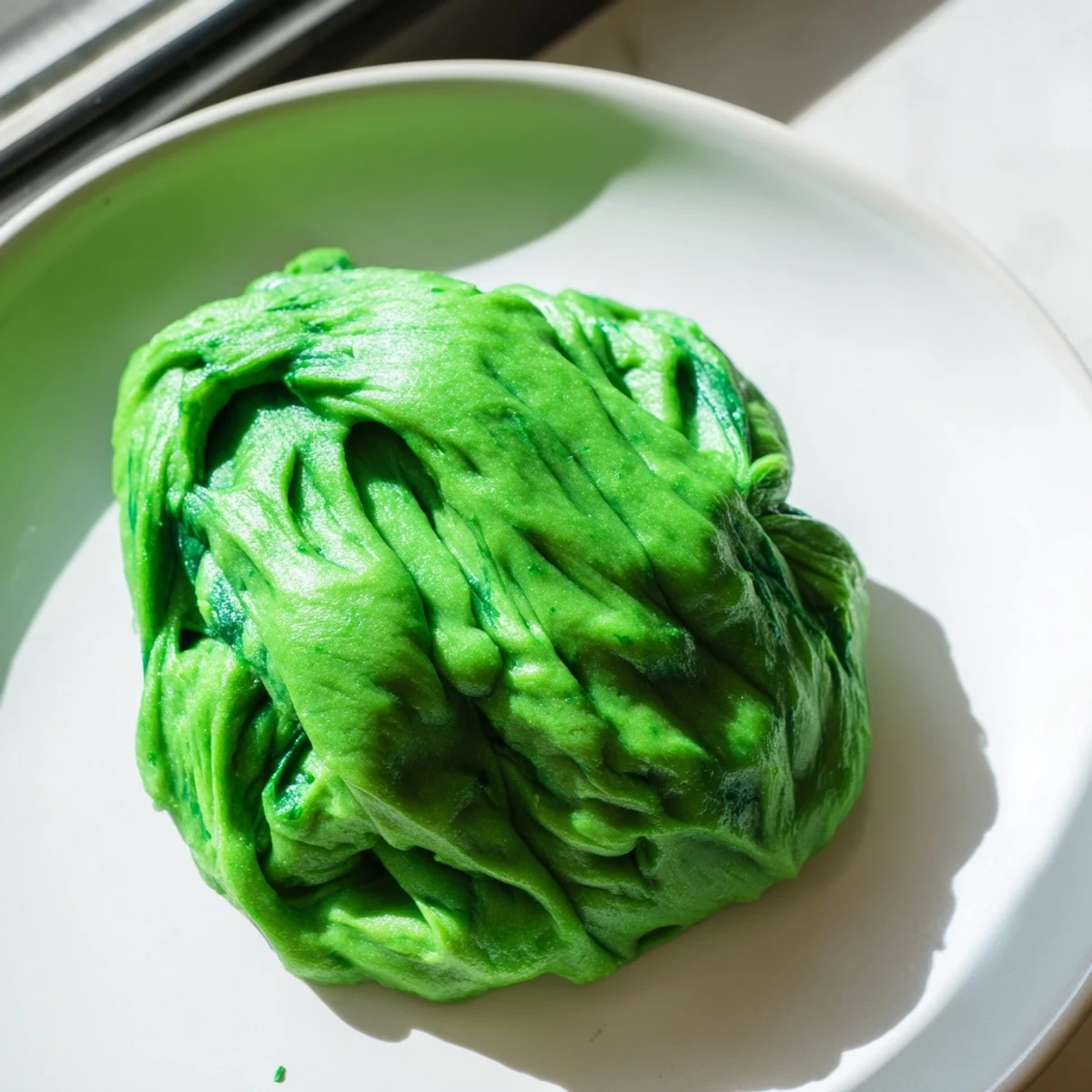 Homemade spinach pasta dough is rolled thin and cut into fettuccine ribbons for a fresh Italian meal.  