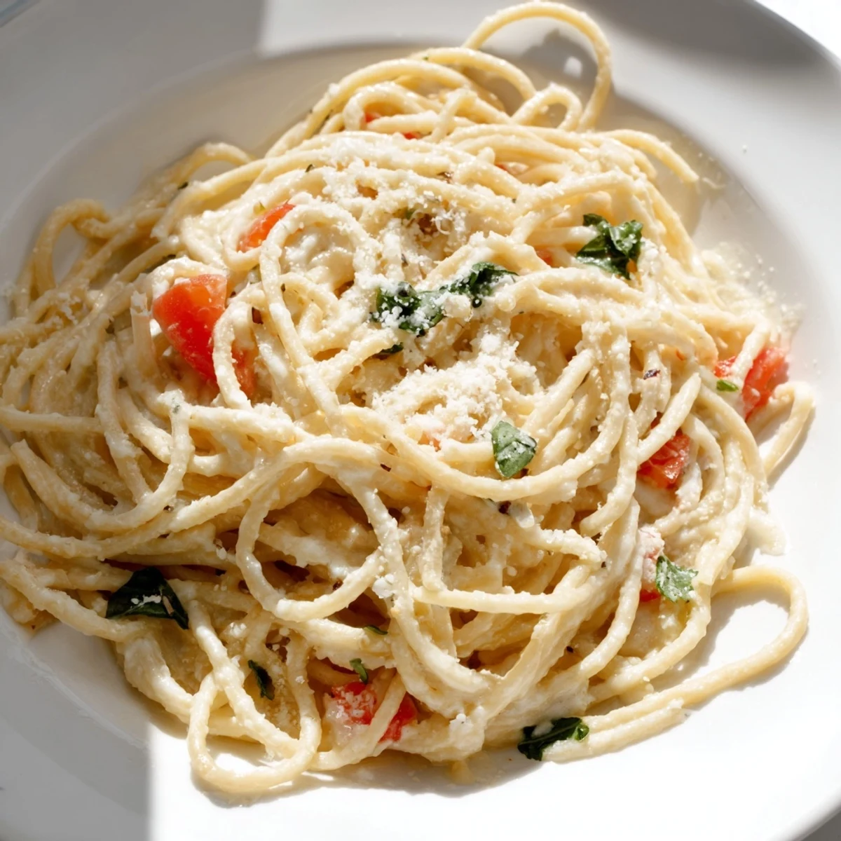 A plated serving of Roasted Garlic Pasta Sauce over linguine, drizzled with olive oil and served with crusty bread.