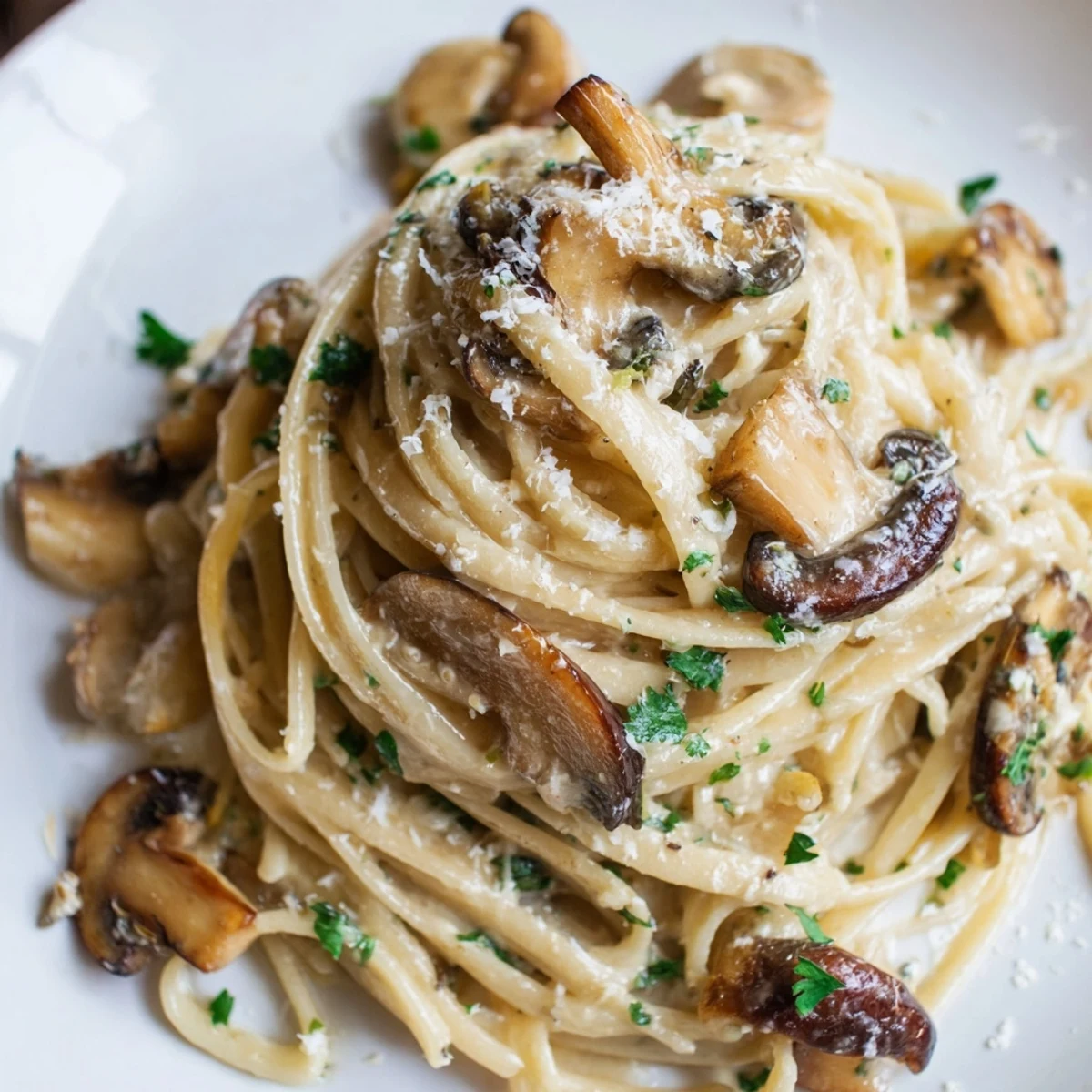 Freshly cooked Creamy Mushroom Linguine in a white bowl, featuring tender mushrooms and a light Parmesan cream sauce.  
