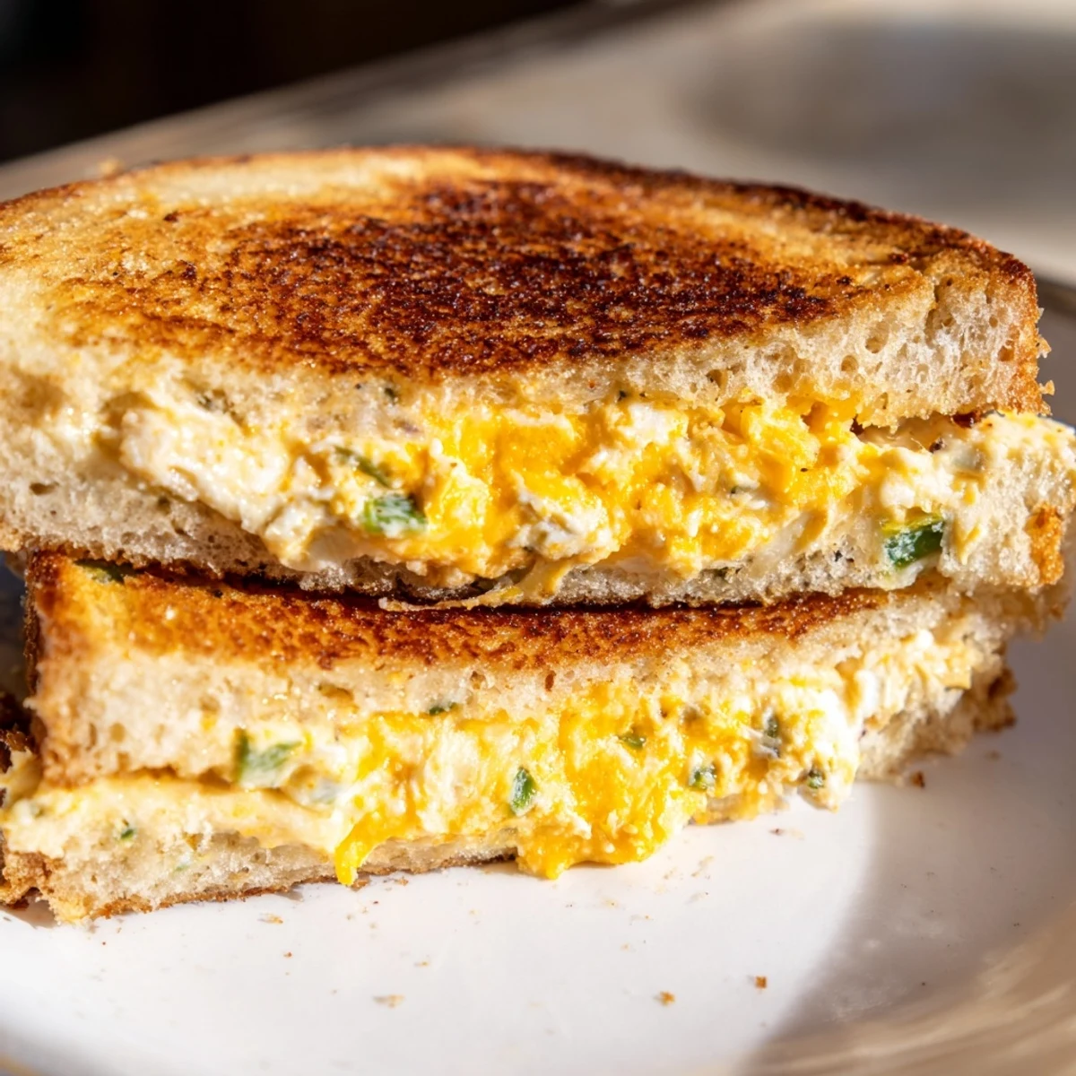 Two halves of a jalapeño popper grilled cheese resting on a checkered napkin, steam rising from the warm, golden, buttery crust.