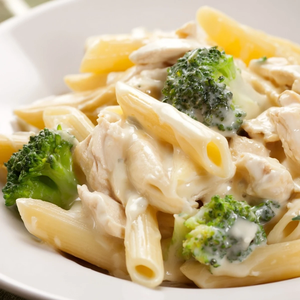 Creamy Chicken Broccoli Cheddar Pasta in a skillet, featuring tender chicken pieces and bright green broccoli florets coated in rich, melted cheddar sauce.