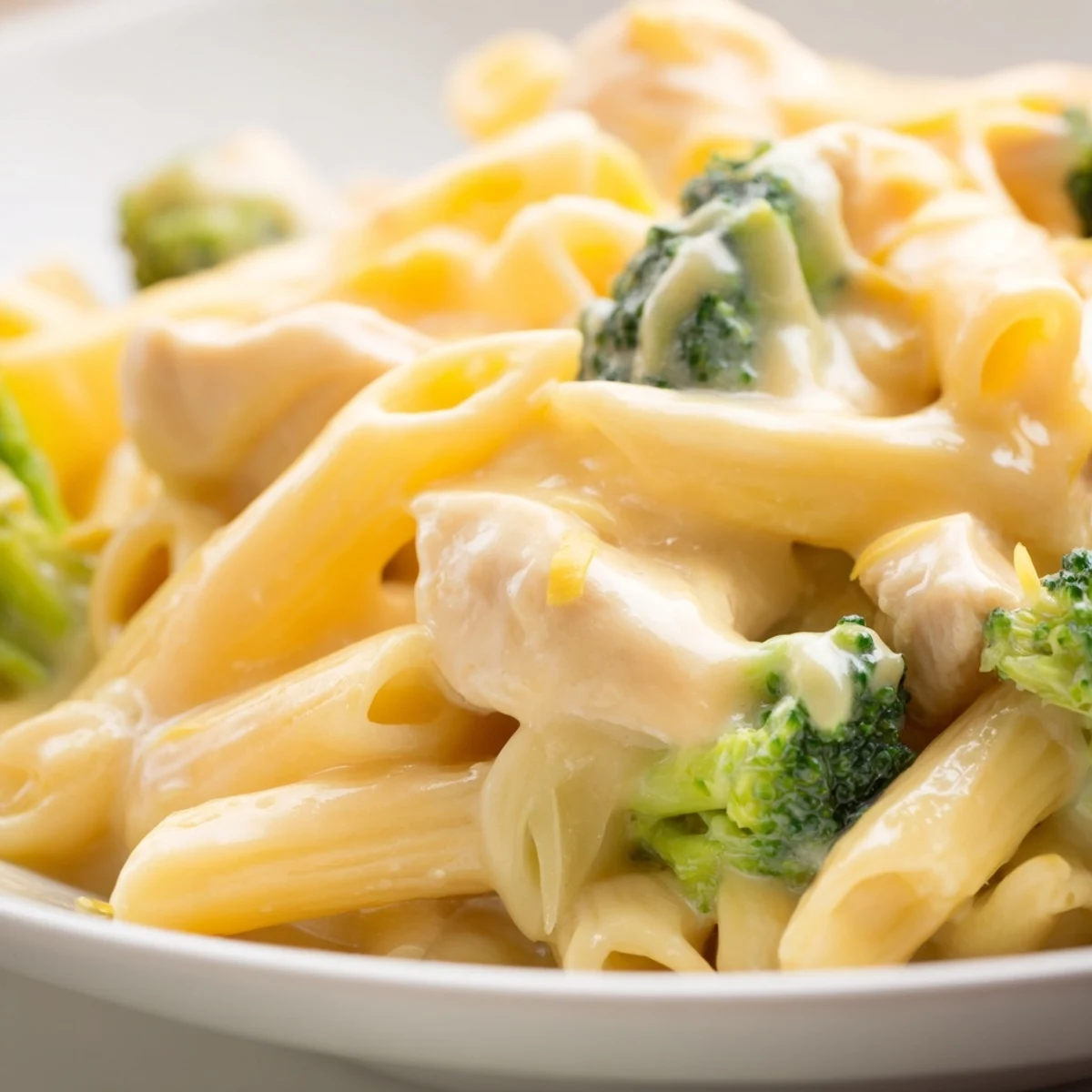 Golden, saucy Chicken Broccoli Cheddar Pasta tossed with penne noodles, showing creamy cheese sauce clinging to every bite for an easy weeknight meal.