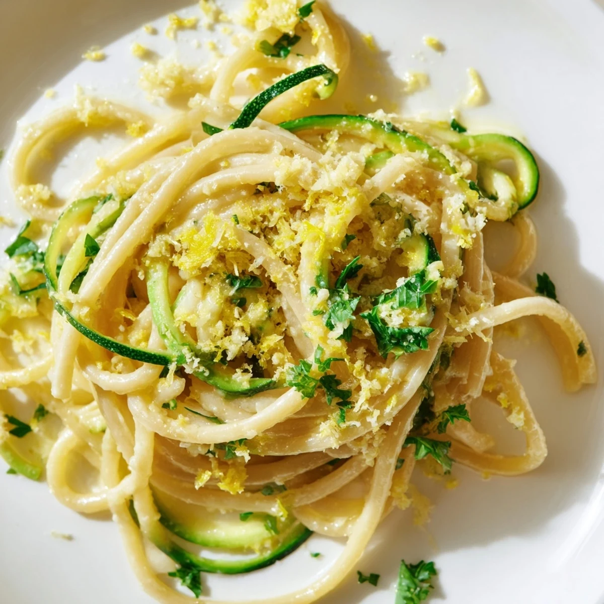 Freshly cooked Lemon Zucchini Pasta twirled on a fork, glistening with buttery lemon sauce and topped with parsley.