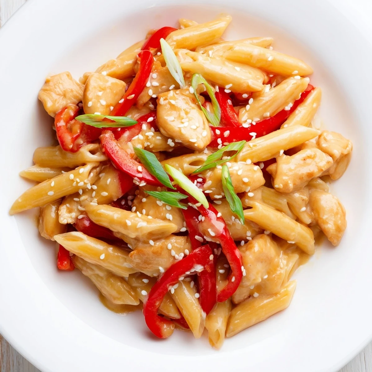 Savory Sweet Chili Chicken Pasta plated in a skillet, showcasing tender chicken, al dente penne, and vibrant red bell peppers in a creamy sauce.  
