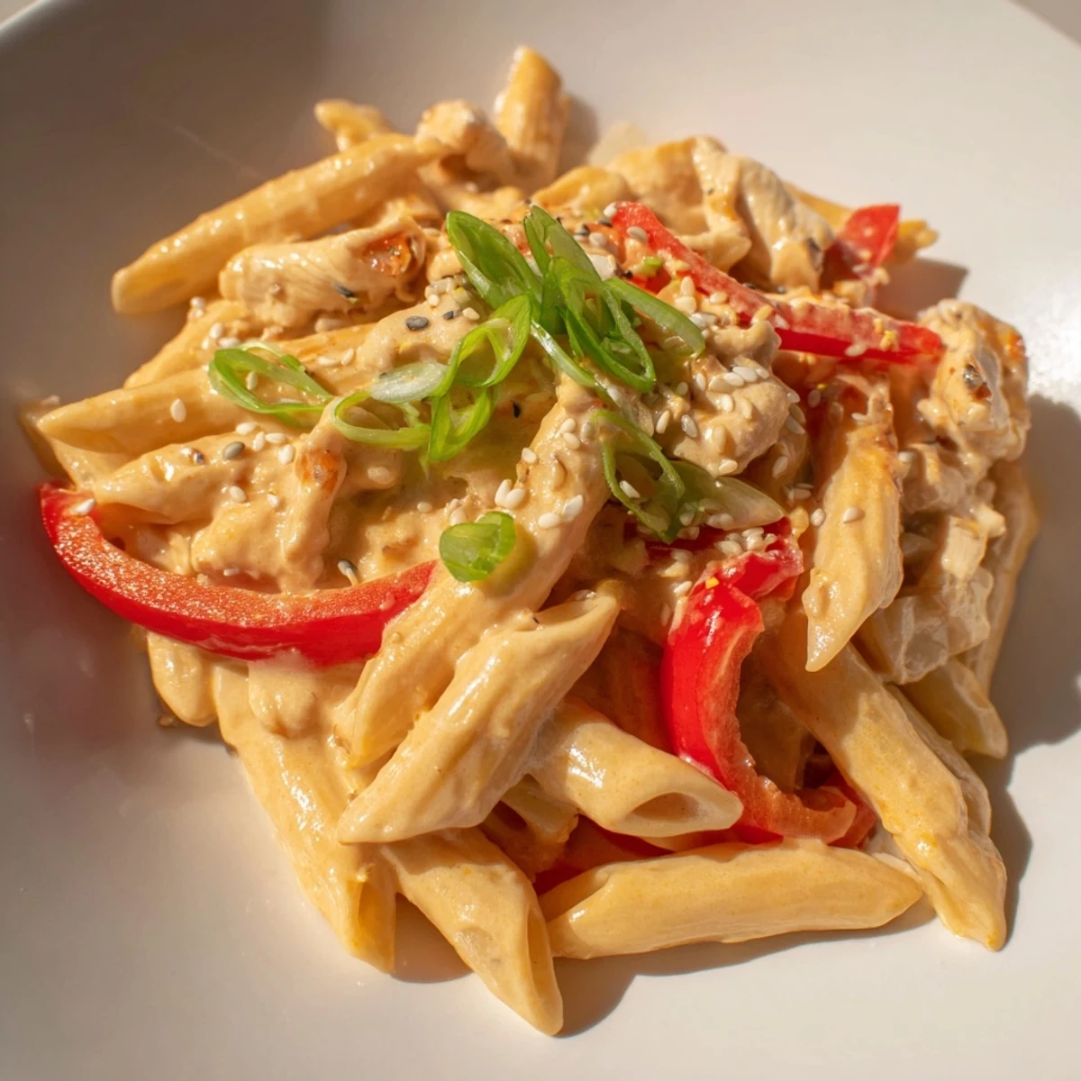 Steaming bowl of Sweet Chili Chicken Pasta garnished with fresh cilantro and spring onions, a perfect fusion meal ready to serve.  