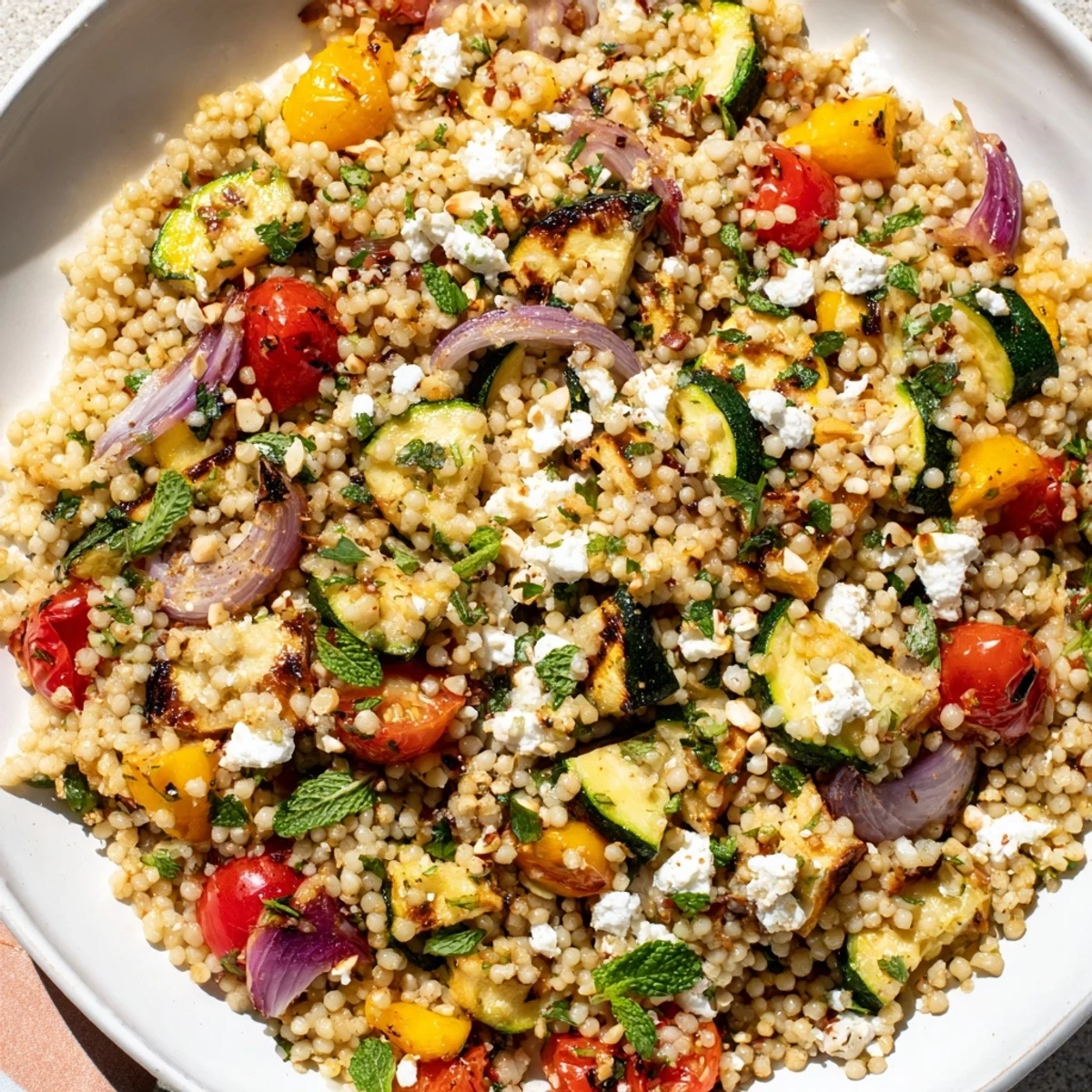 Roasted Veggie Couscous Salad in a white bowl with zucchini, bell peppers, and red onion on a rustic wooden table.
