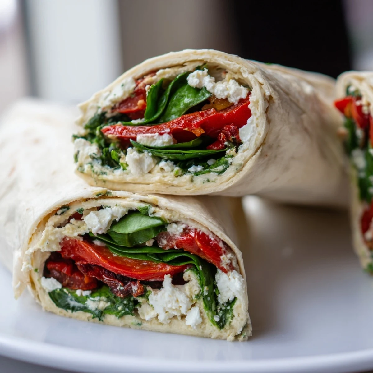 Golden tortilla halves display the colorful fillings of a Mediterranean Veggie Wrap, featuring crumbled feta and thinly sliced red onion.