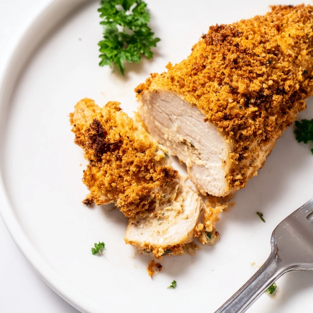 Golden-brown roasted garlic Parmesan chicken breasts fresh from the oven, garnished with fresh parsley on a rustic baking sheet.