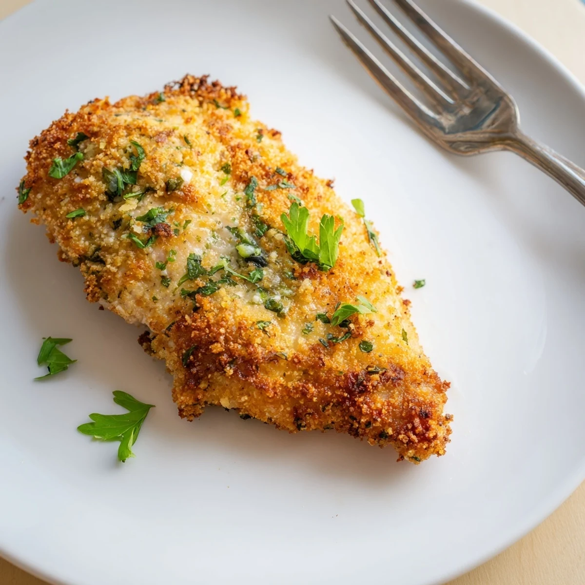 Tender, juicy chicken breasts coated in a golden garlic Parmesan crust, ready to be served for a family dinner.