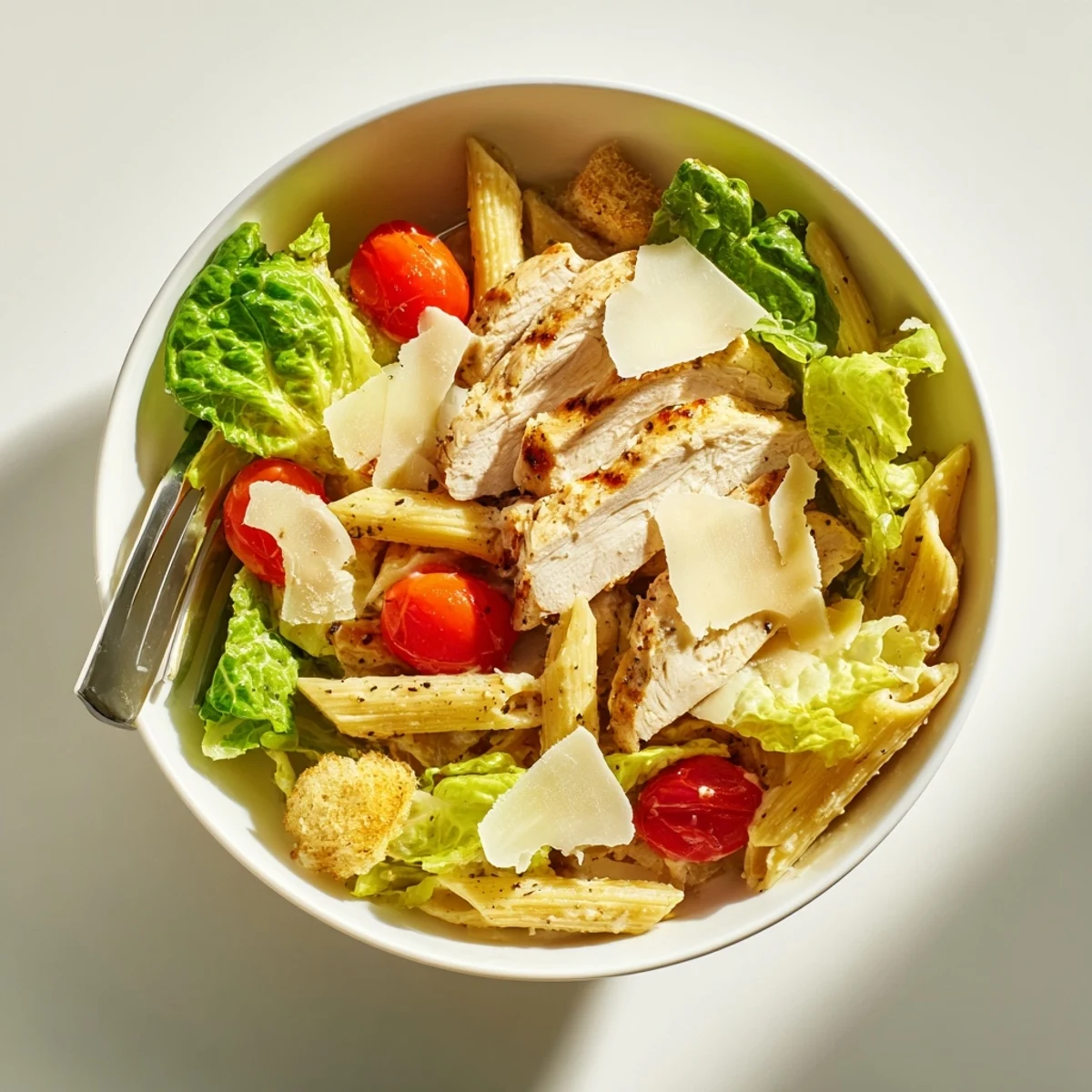 Spicy Chicken Caesar Pasta served warm in a ceramic bowl, topped with shaved Parmesan, croutons, and fresh parsley.