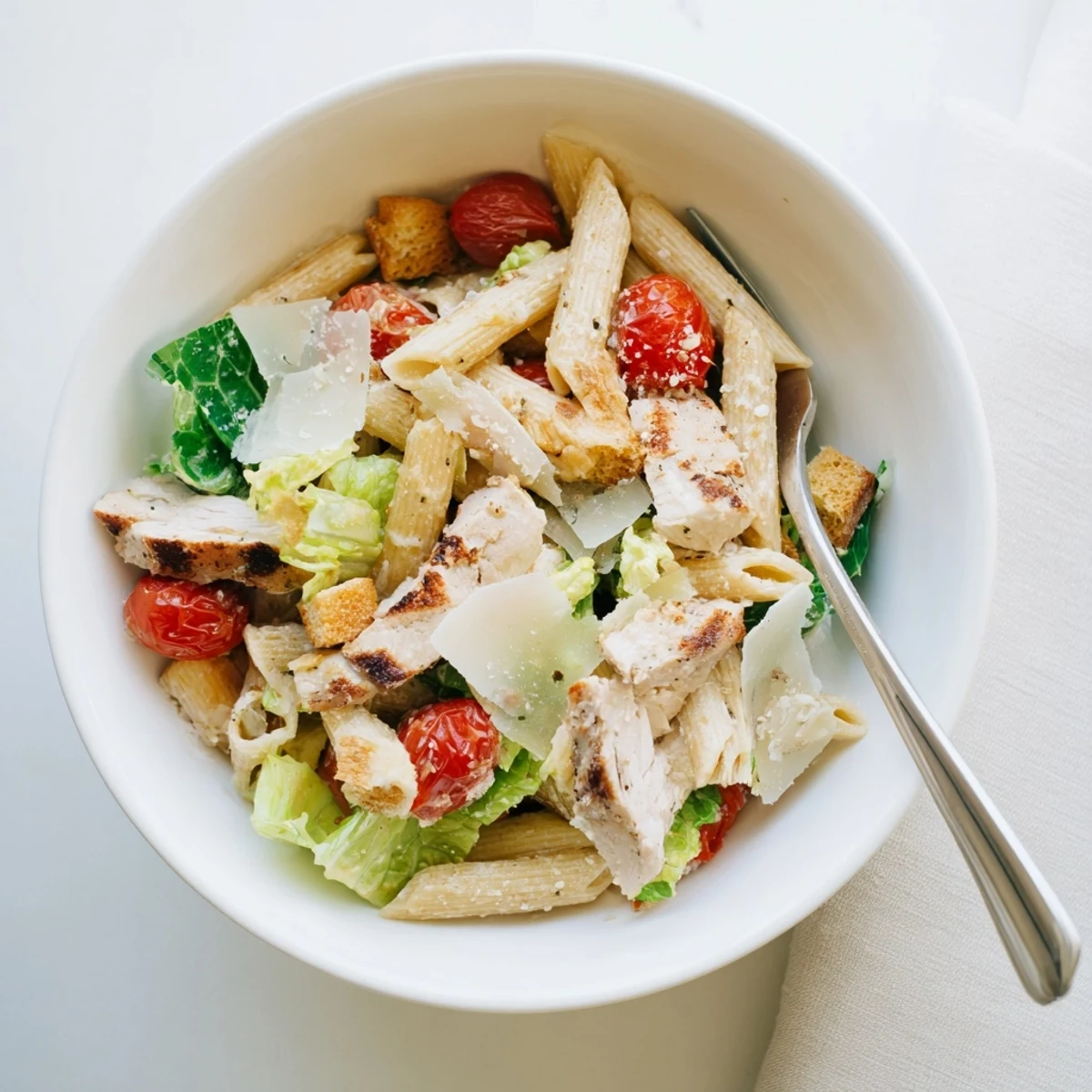 Close-up of Spicy Chicken Caesar Pasta featuring tender grilled chicken, cherry tomatoes, and penne tossed in creamy dressing.