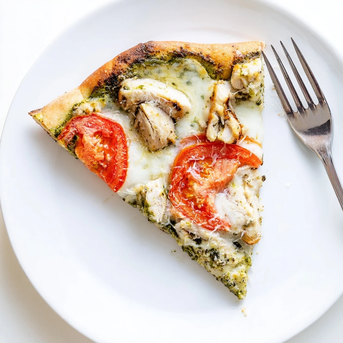 Gooey melted mozzarella and juicy tomato slices top this golden-baked Chicken Pesto Pizza.  