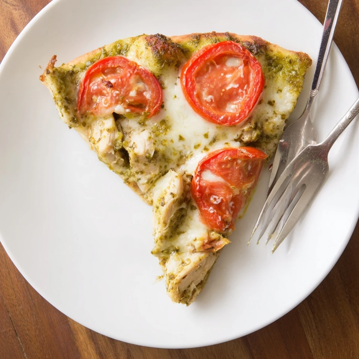 A rustic thin-crust Chicken Pesto Pizza is garnished with fresh basil leaves for serving.  