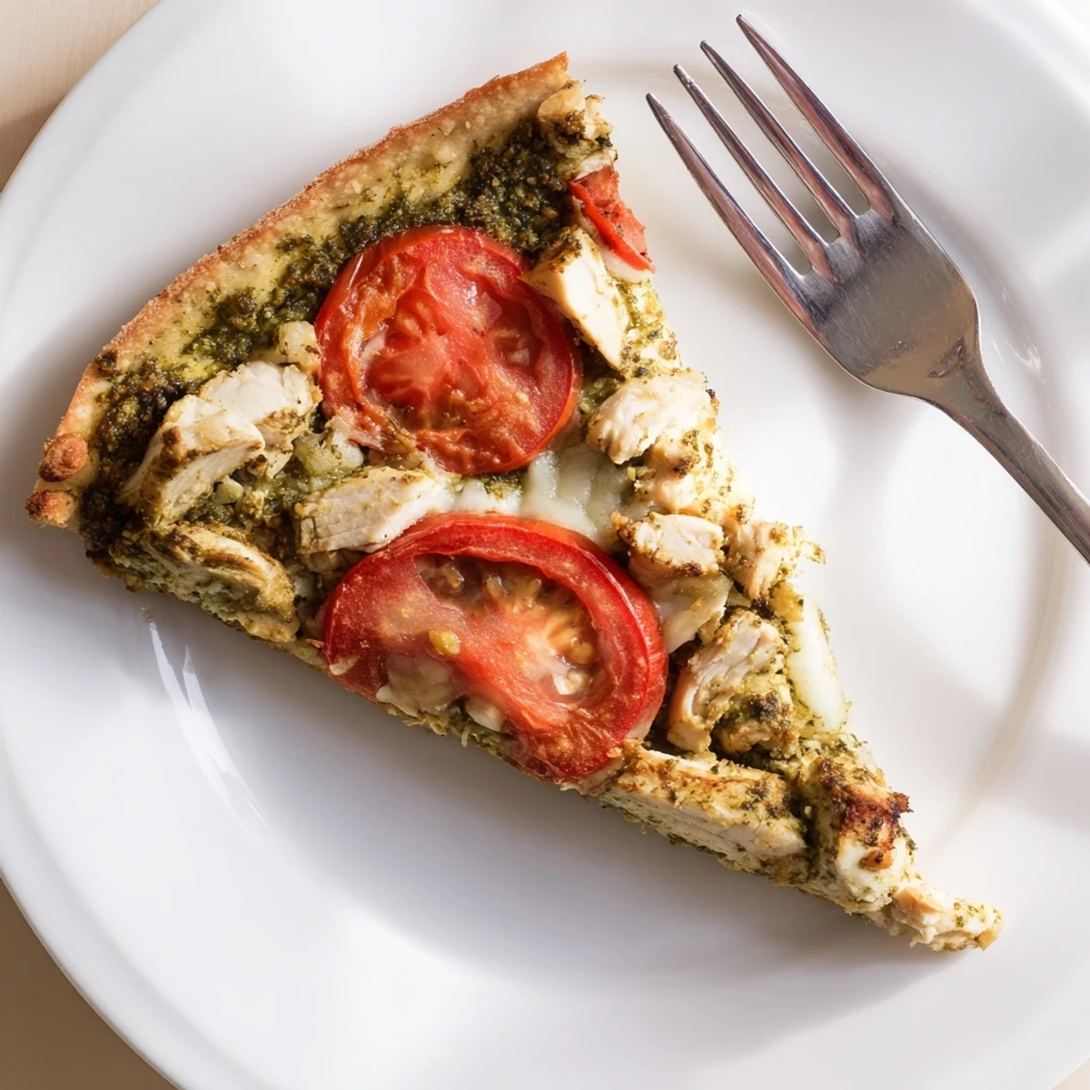 This savory homemade Chicken Pesto Pizza features vibrant green basil pesto and tender chicken pieces.