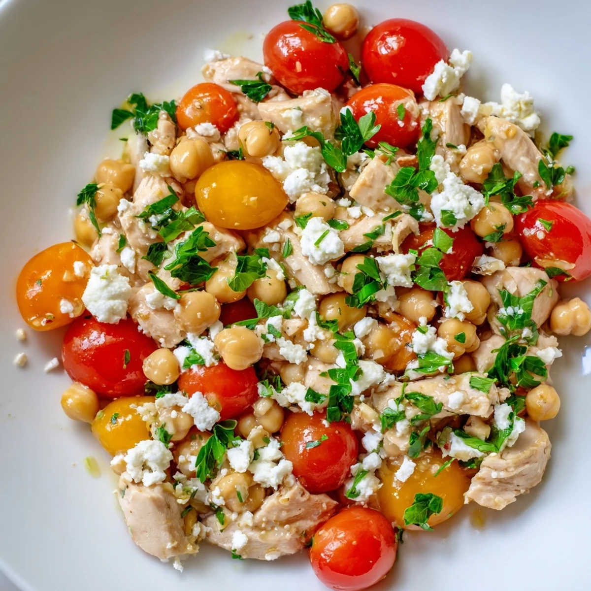 A bowl of Mediterranean Chickpea Chicken Salad showcases diced chicken, cucumbers, and feta with a zesty lemon dressing.