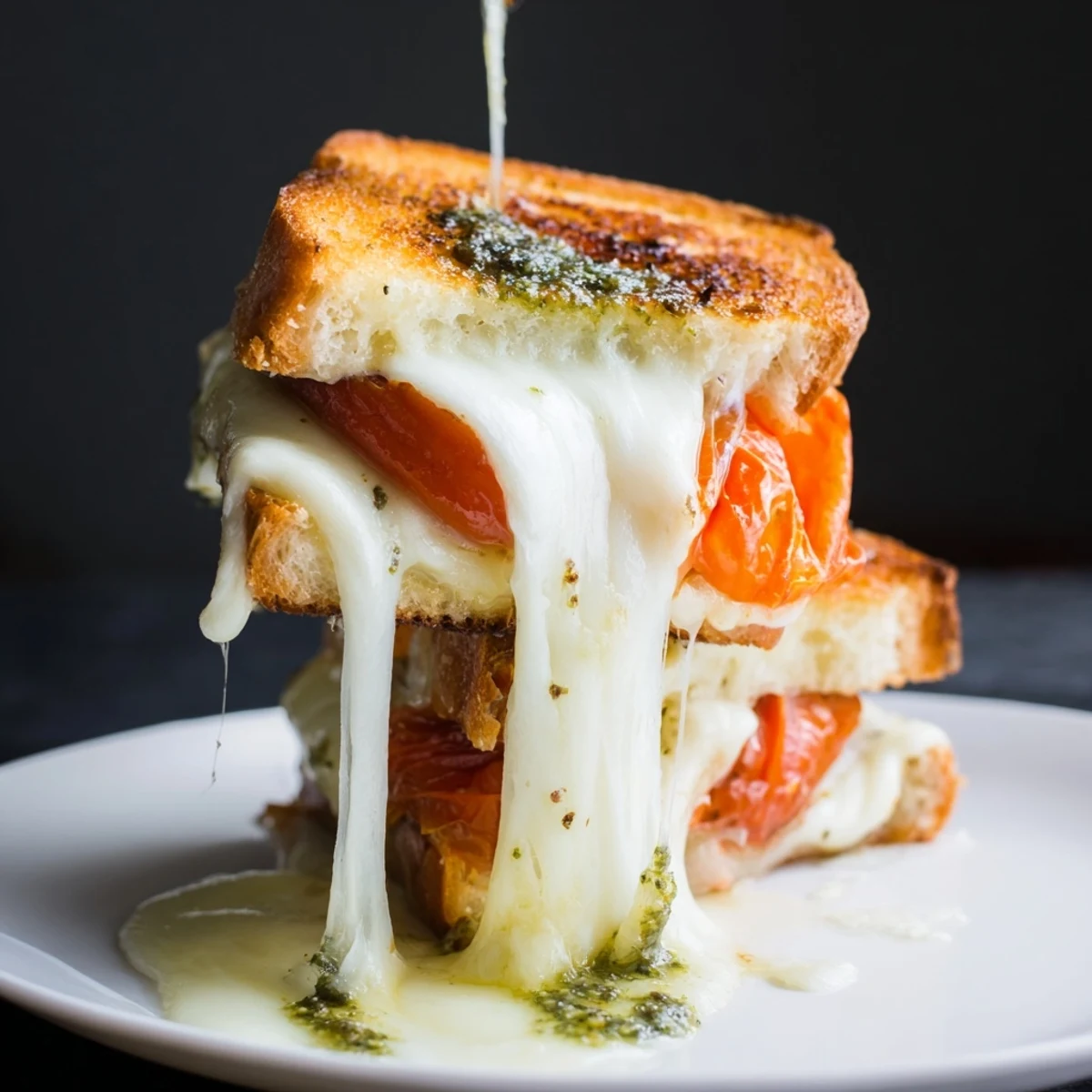 A close-up of the Roasted Tomato Pesto Grilled Cheese, showcasing crispy crust and vibrant red tomatoes.  