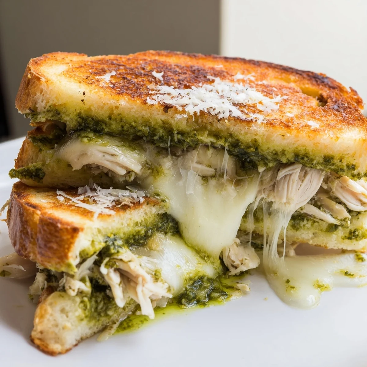 A close-up of a golden Mozzarella Pesto Chicken Grilled Cheese sandwich, cut diagonally to show melted mozzarella, shredded chicken, and vibrant green pesto between crispy sourdough slices.
