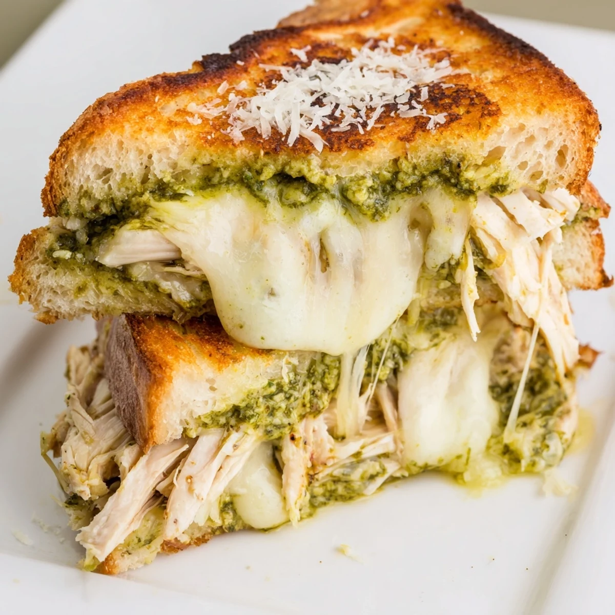 Sizzling Mozzarella Pesto Chicken Grilled Cheese in a skillet, with buttery golden crusts and bubbling cheese peeking from the edges, ready to serve.