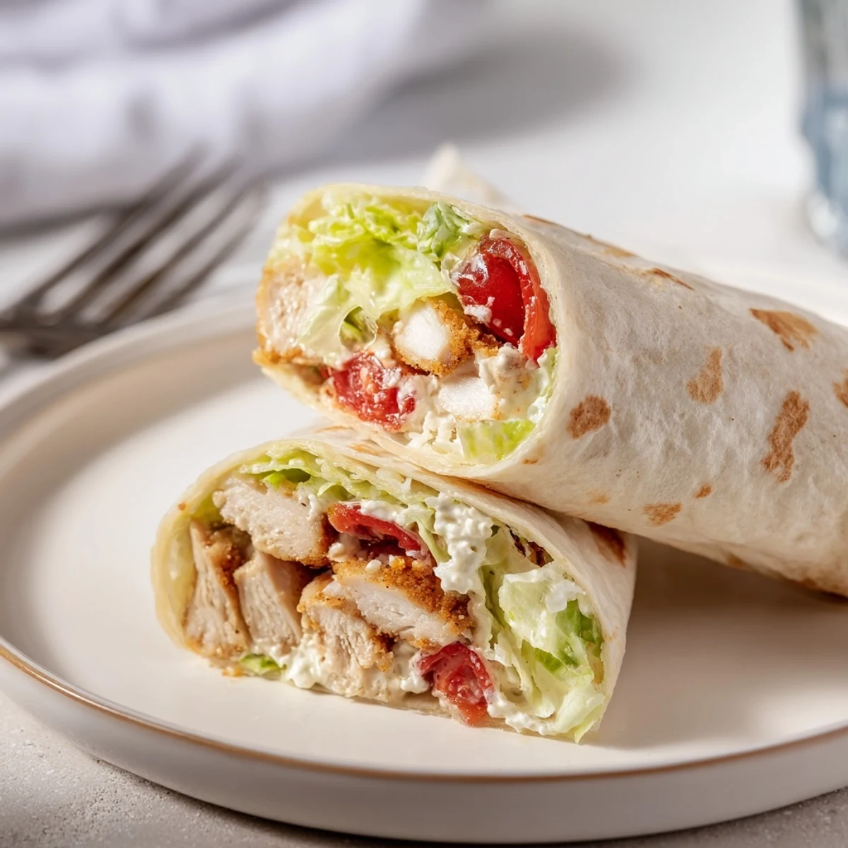 Golden-brown crispy chicken strips tossed in a sweet and spicy hot honey glaze, layered with creamy Caesar salad inside a soft flour tortilla for a handheld meal.
