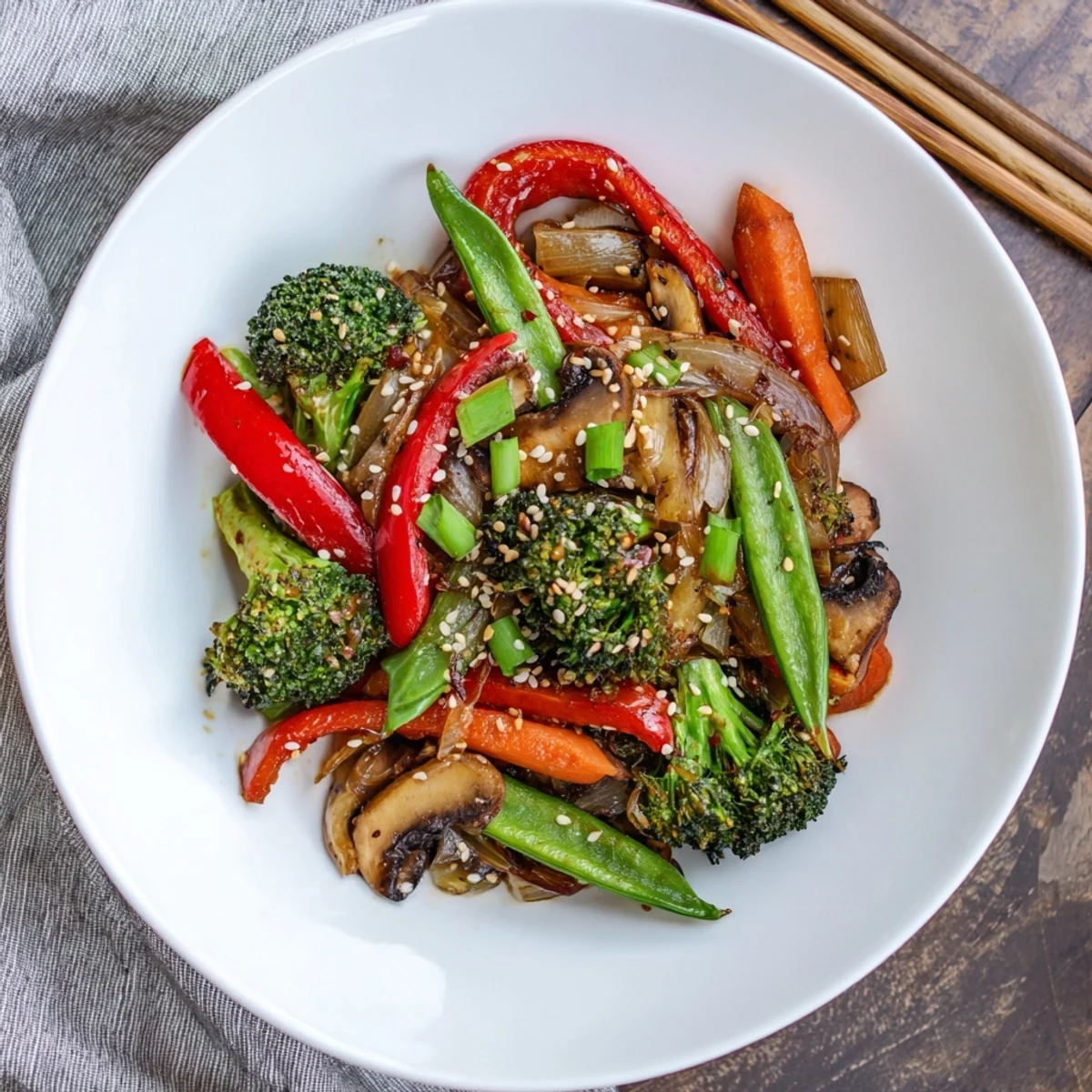 Fragrant Ginger Stir-Fried Vegetables sizzling in a wok, with crisp broccoli, carrots, and snap peas coated in a glossy, savory sauce.  