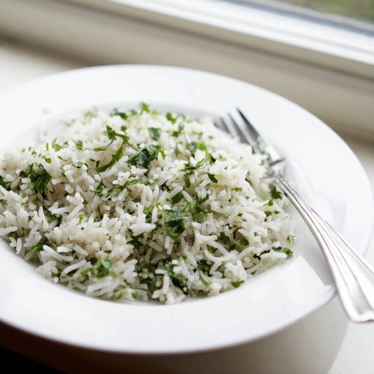 Steamed fluffy Cilantro Lime Rice with chopped cilantro and a squeeze of lime, served alongside tacos.