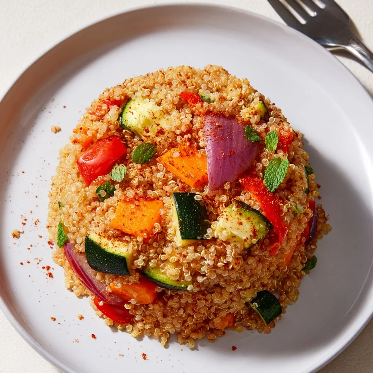 A steaming skillet of quinoa vegetable pilaf with fresh parsley and lemon, ready to be served as a main or side dish.