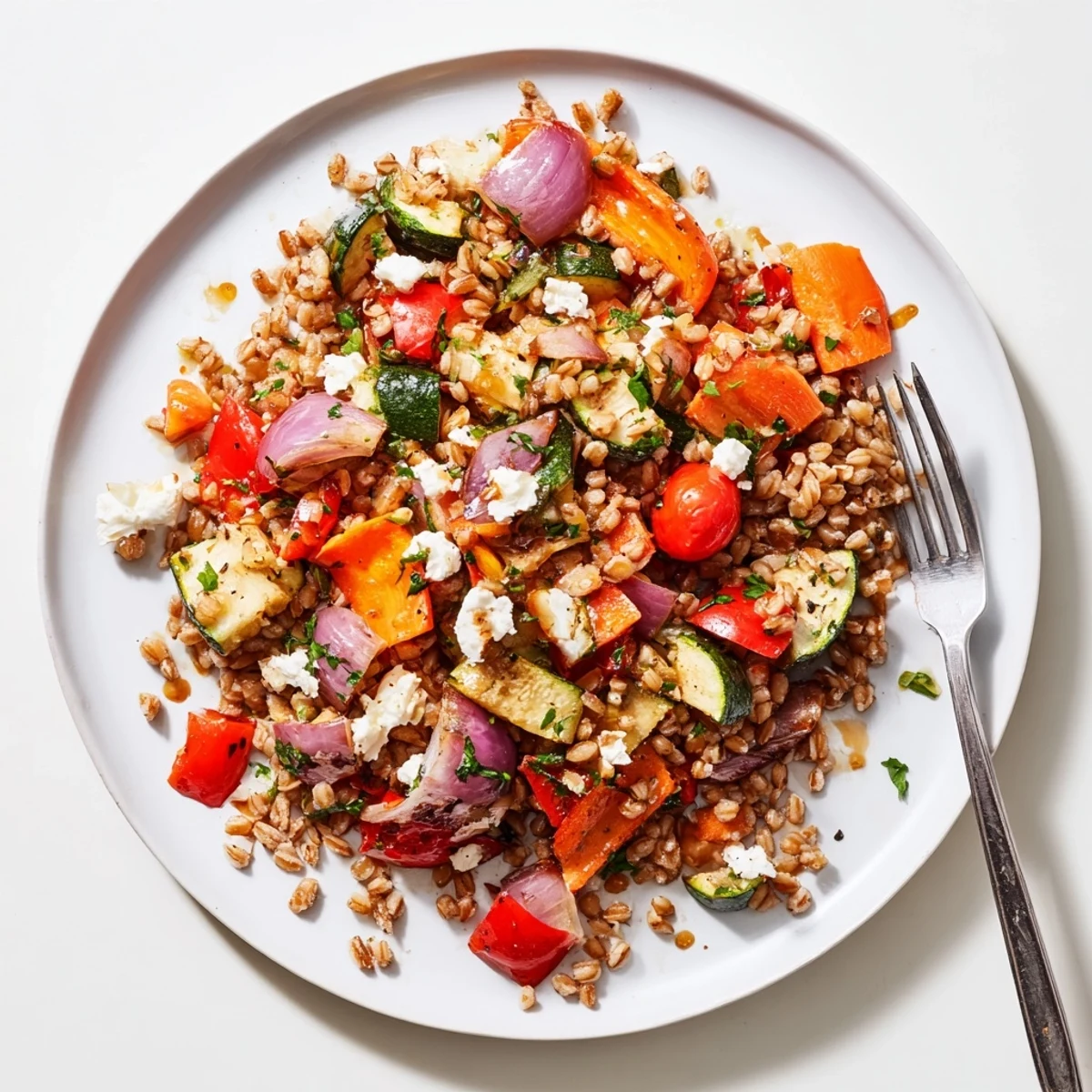 A warm serving of Farro With Roasted Vegetables, featuring caramelized red bell peppers and zucchini nestled beside chewy grains.