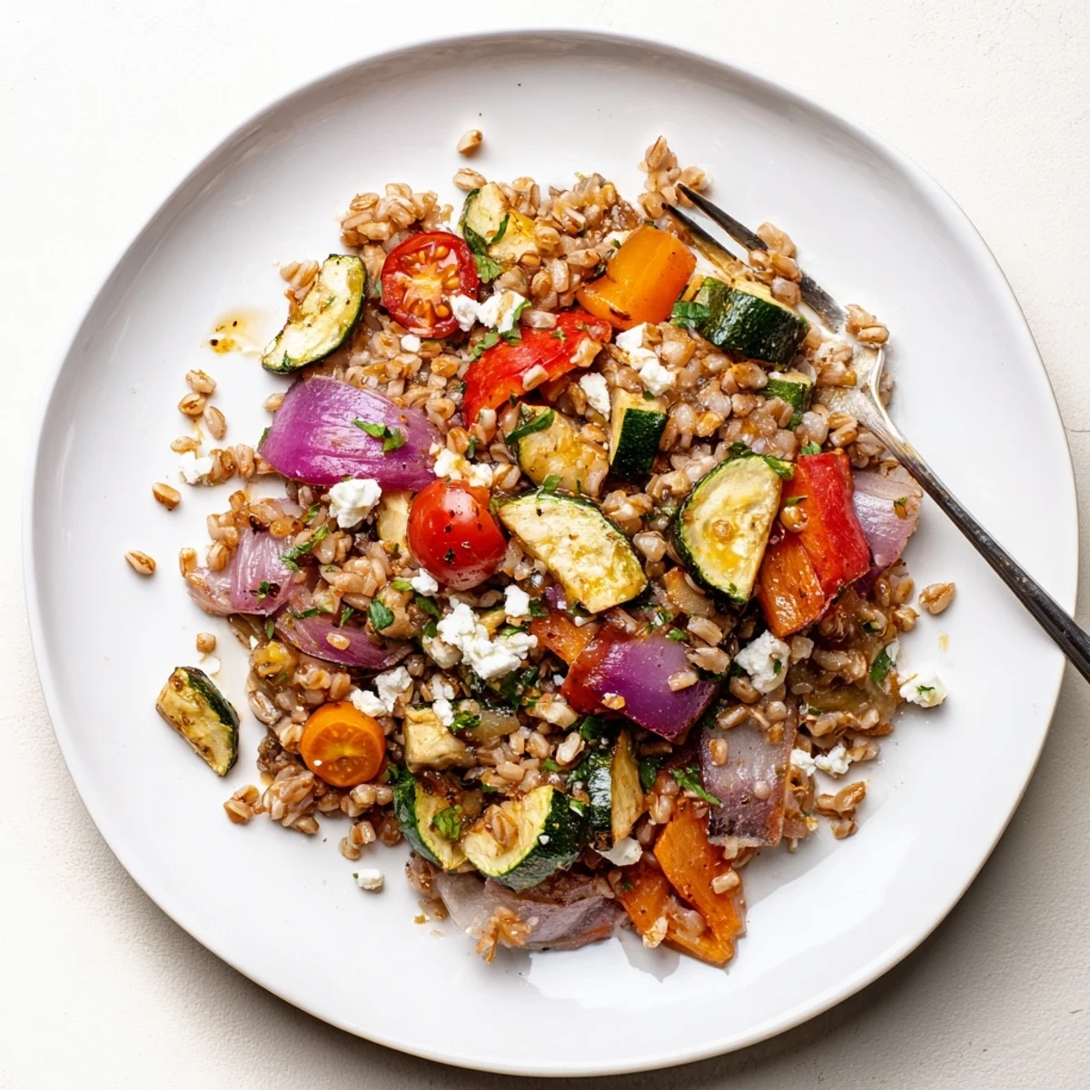 Hearty Farro With Roasted Vegetables tossed in balsamic dressing, served warm as a Mediterranean-inspired main course for a family dinner.