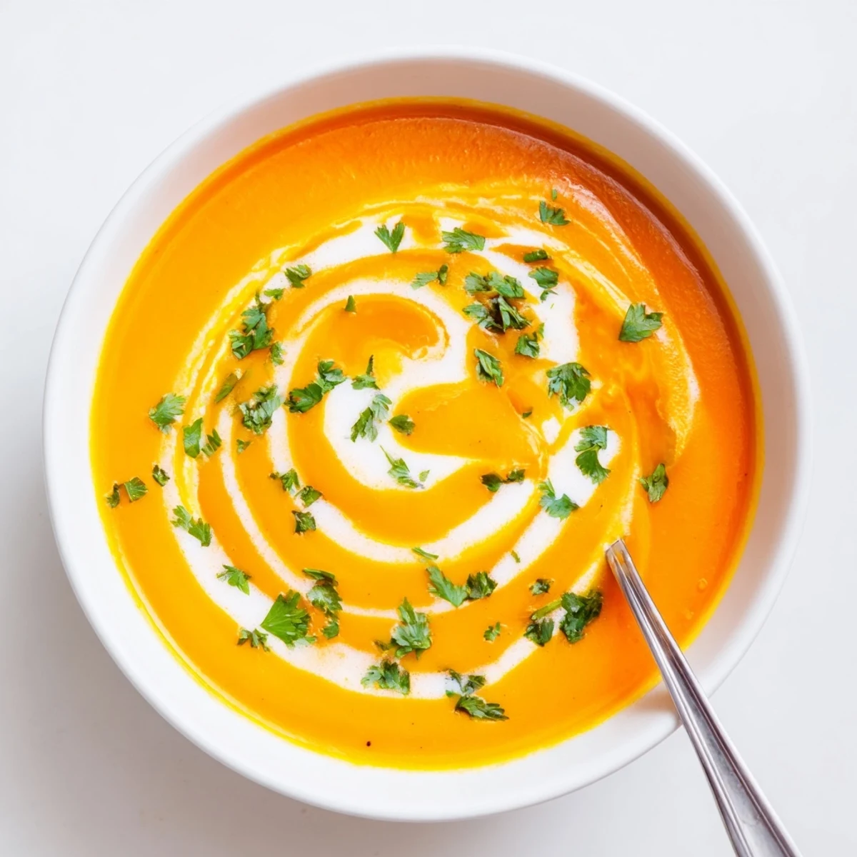Silky, vibrant Carrot Ginger Soup served warm in a rustic bowl, garnished with fresh parsley and a swirl of coconut cream for a cozy vegan starter.