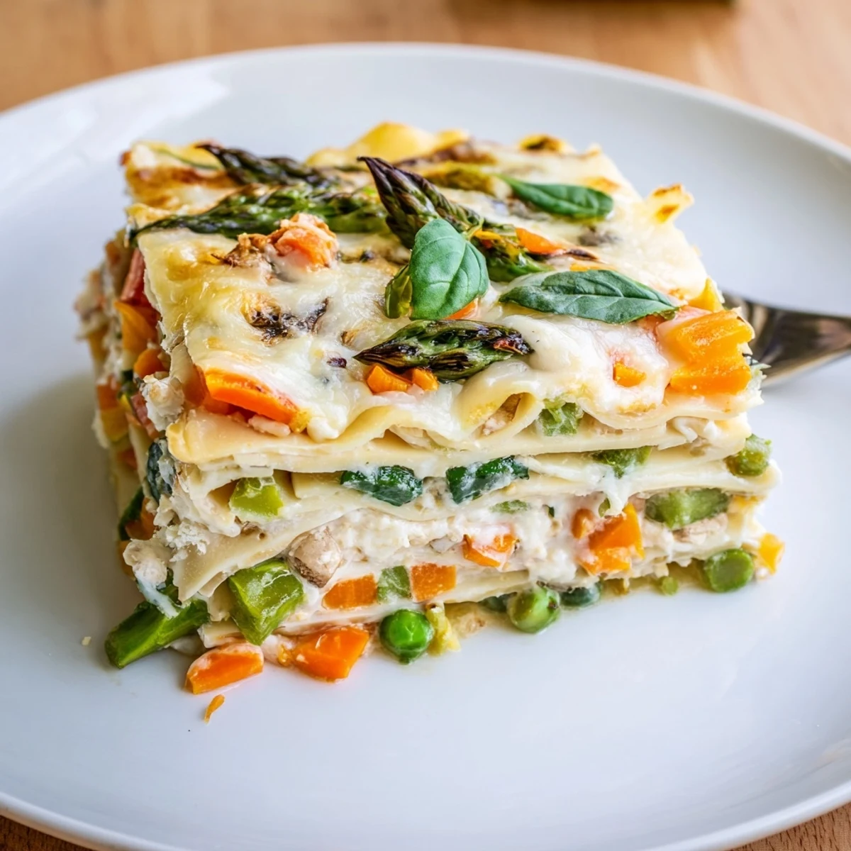 A close-up of Spring Veggie Alfredo Lasagna, golden and bubbly, revealing layers of asparagus, spinach, and creamy white sauce.