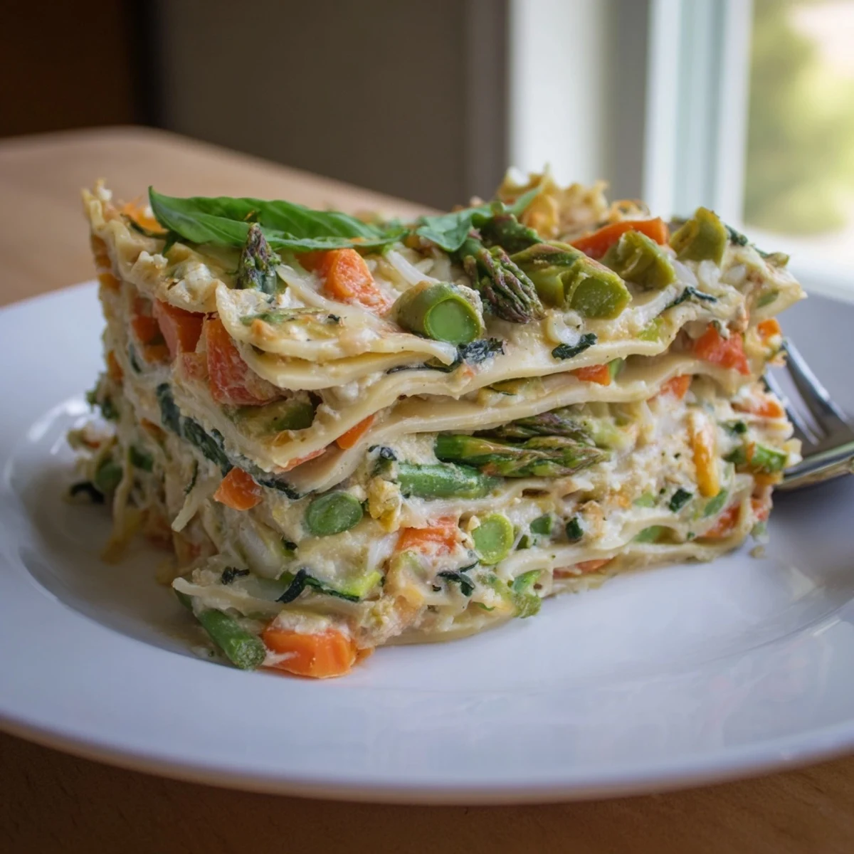 Slice of Spring Veggie Alfredo Lasagna on a white plate, with fresh basil garnish and steaming, cheesy layers.