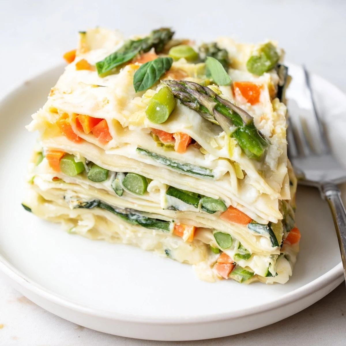 Overhead view of Spring Veggie Alfredo Lasagna in a baking dish, showing vibrant spring vegetables peeking through Alfredo sauce.