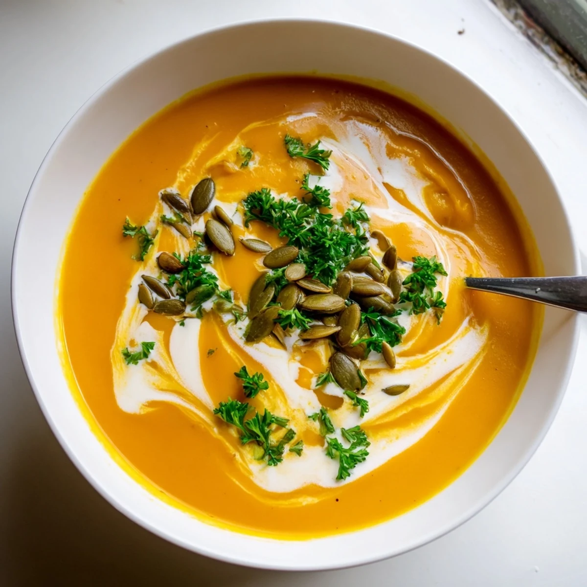 Creamy butternut squash and apple soup, garnished with toasted pumpkin seeds and fresh parsley, served in a rustic bowl.  