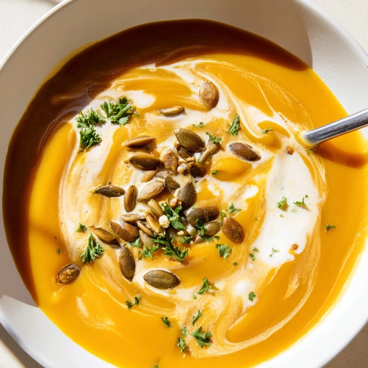 Hearty butternut squash and apple soup, blended smooth and topped with crunchy seeds beside a slice of bread.