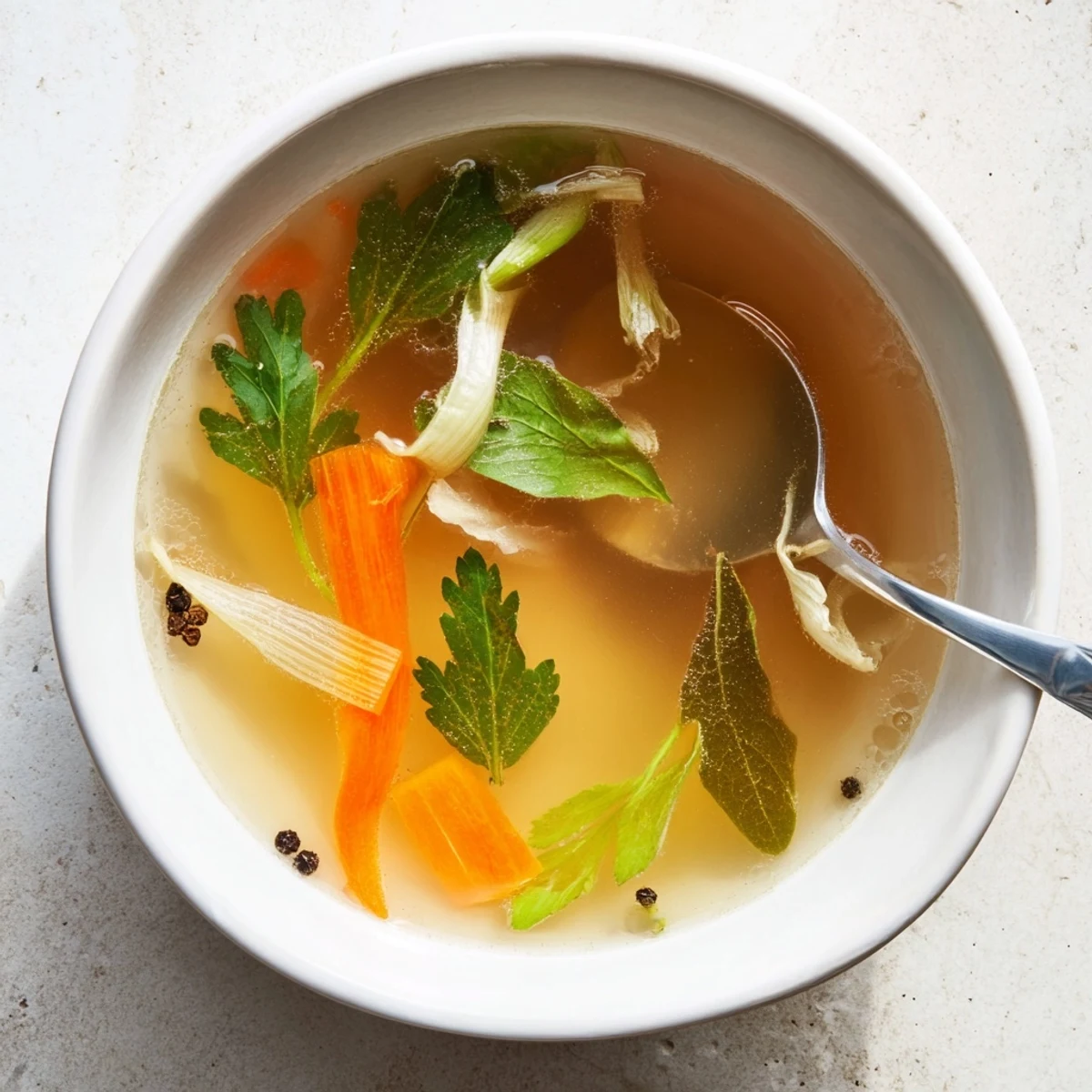A close-up of golden Vegetable Broth From Scraps simmering in a pot with aromatic herbs and bay leaves.