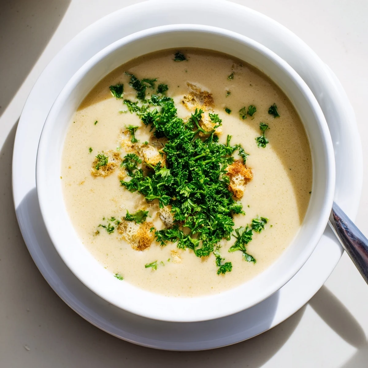 A close-up of creamy roasted garlic soup in a rustic bowl, garnished with fresh parsley and a drizzle of olive oil.